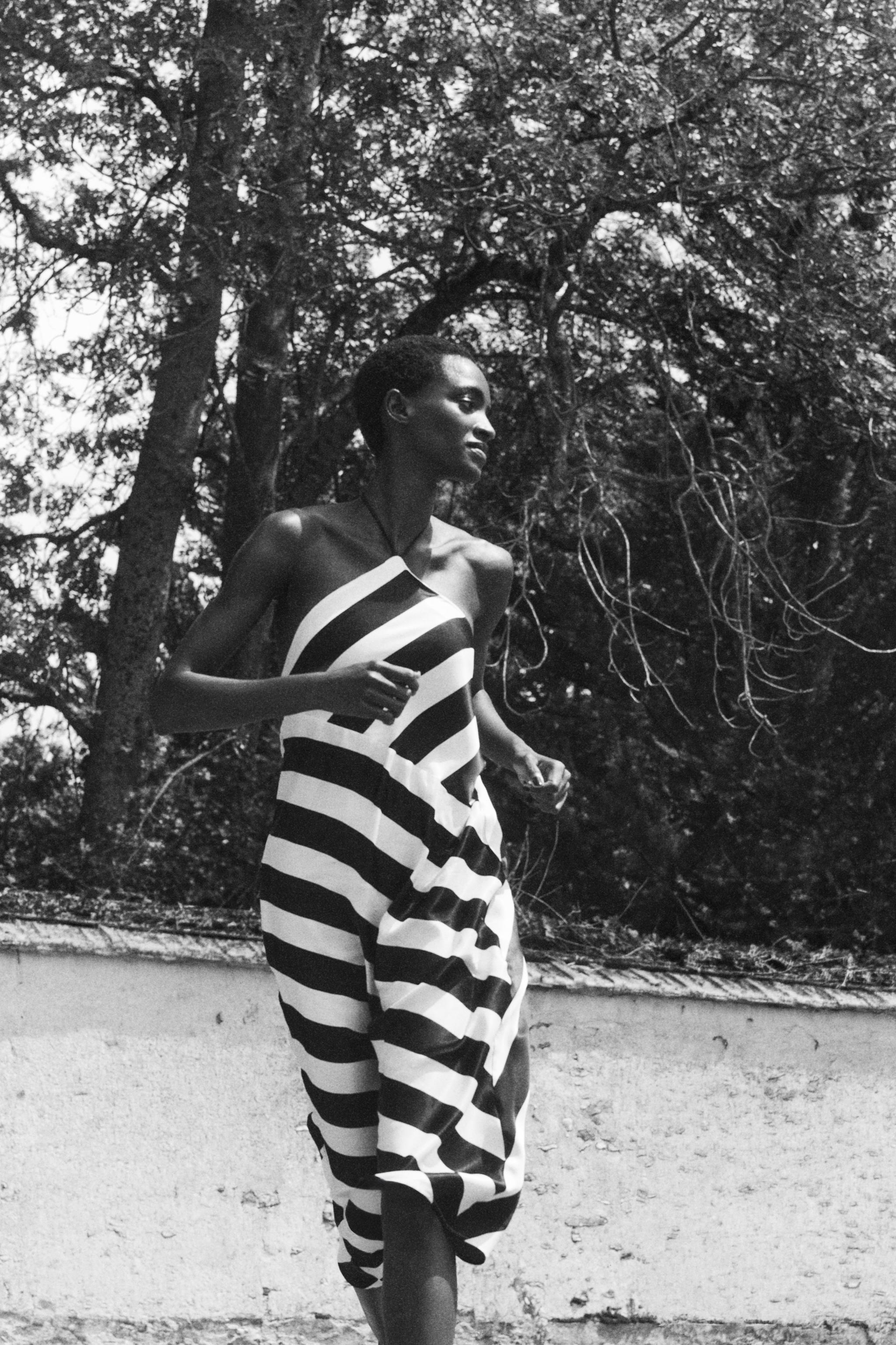STRIPED MIDI HALTER DRESS